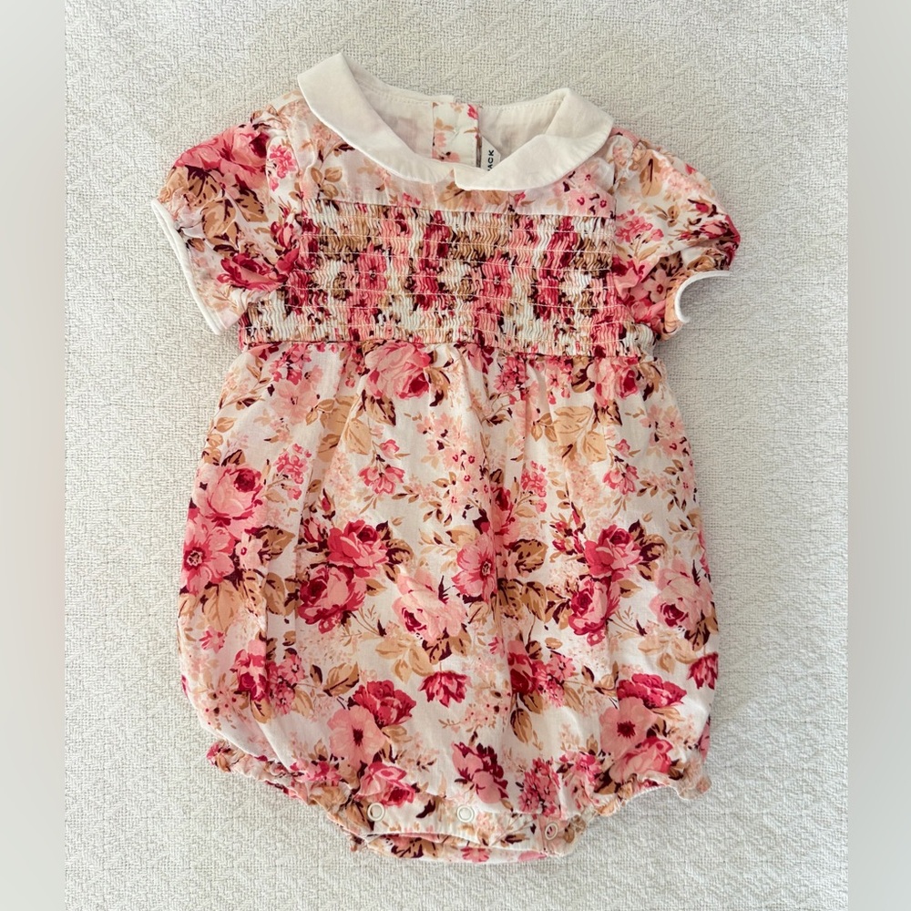 Janie and Jack Smocked Floral Bubble Romper with Peter Pan Collar